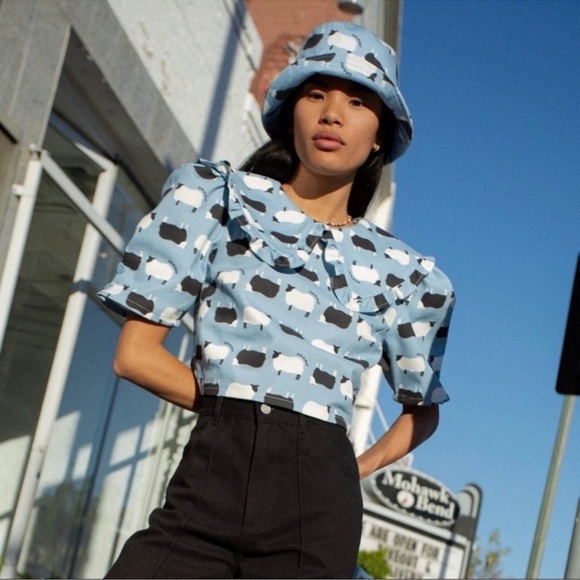 NWT Lisa Says Gah Wendy Counting Sheep Top Shirt Short Sleeve Print Blue - Picture 11 of 13